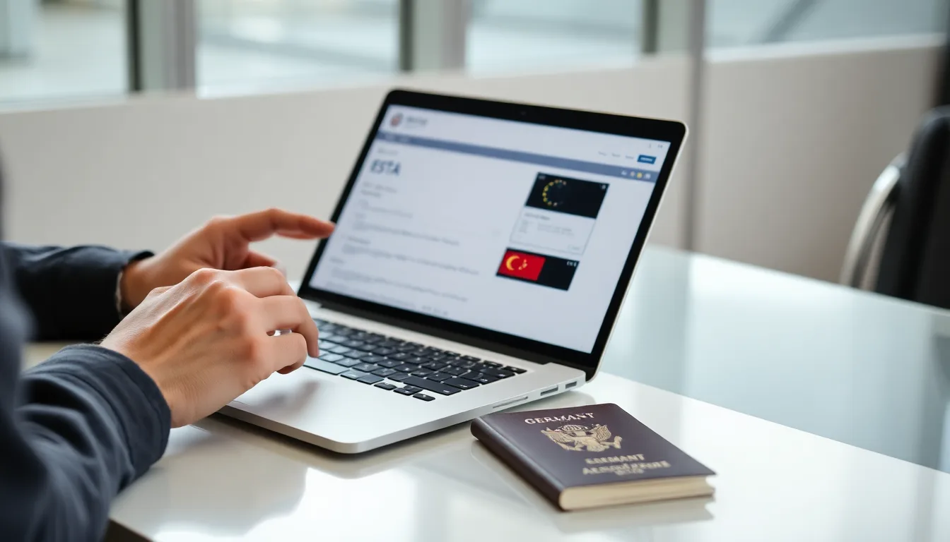 Reisender prüft ESTA-Antrag für die USA auf einem Laptop mit Reisepass