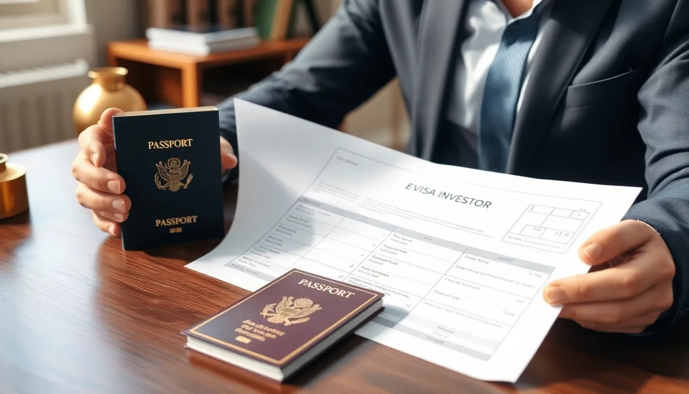 Business investor reviewing E-2 visa documents and a Swiss passport before a US trip