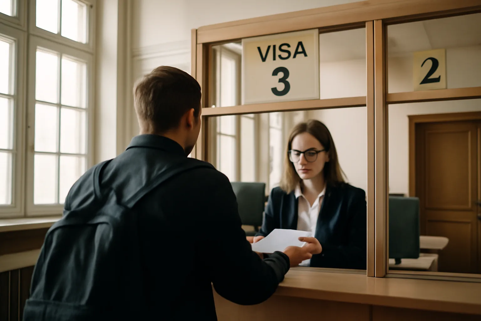 Traveller preparing Schengen visa application documents and passport at a desk
