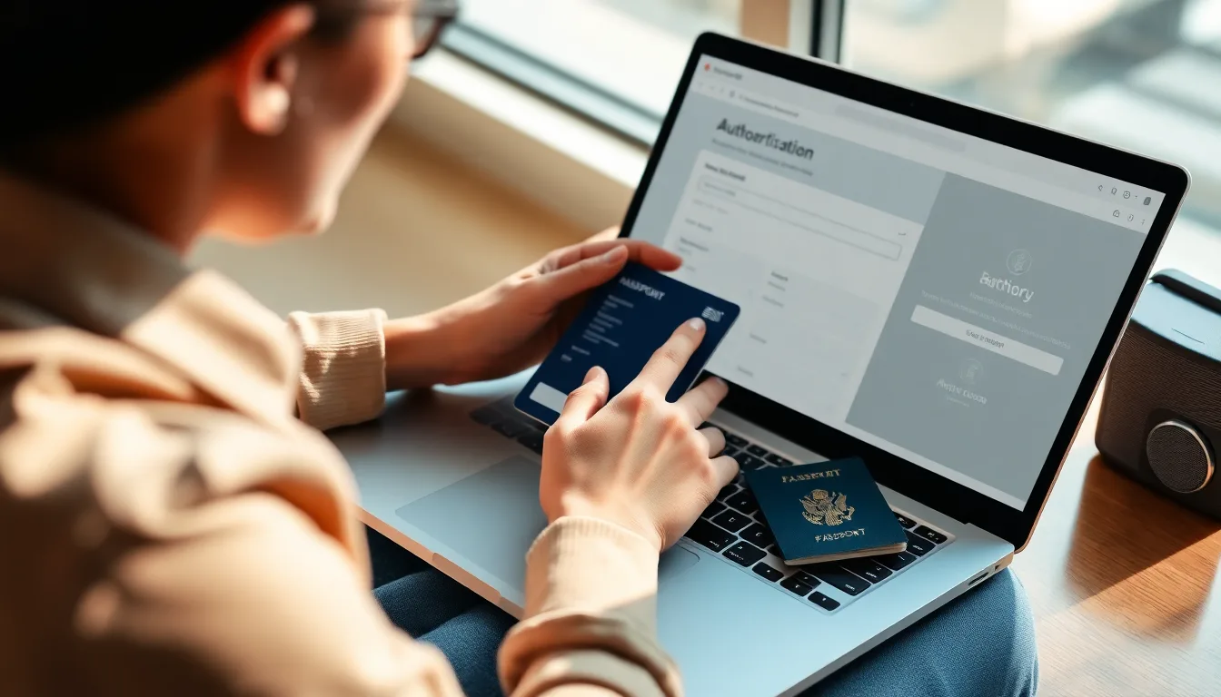 A traveller completing an ETIAS application on a laptop with a passport nearby