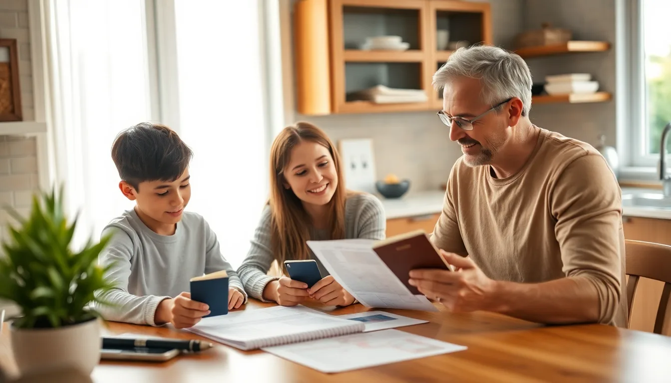 A family reviewing ETIAS applications together at home with passports on the table