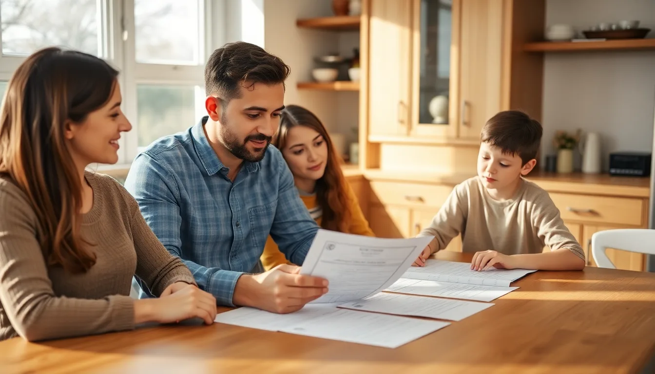 A family reviewing UK visa documents together at a kitchen table