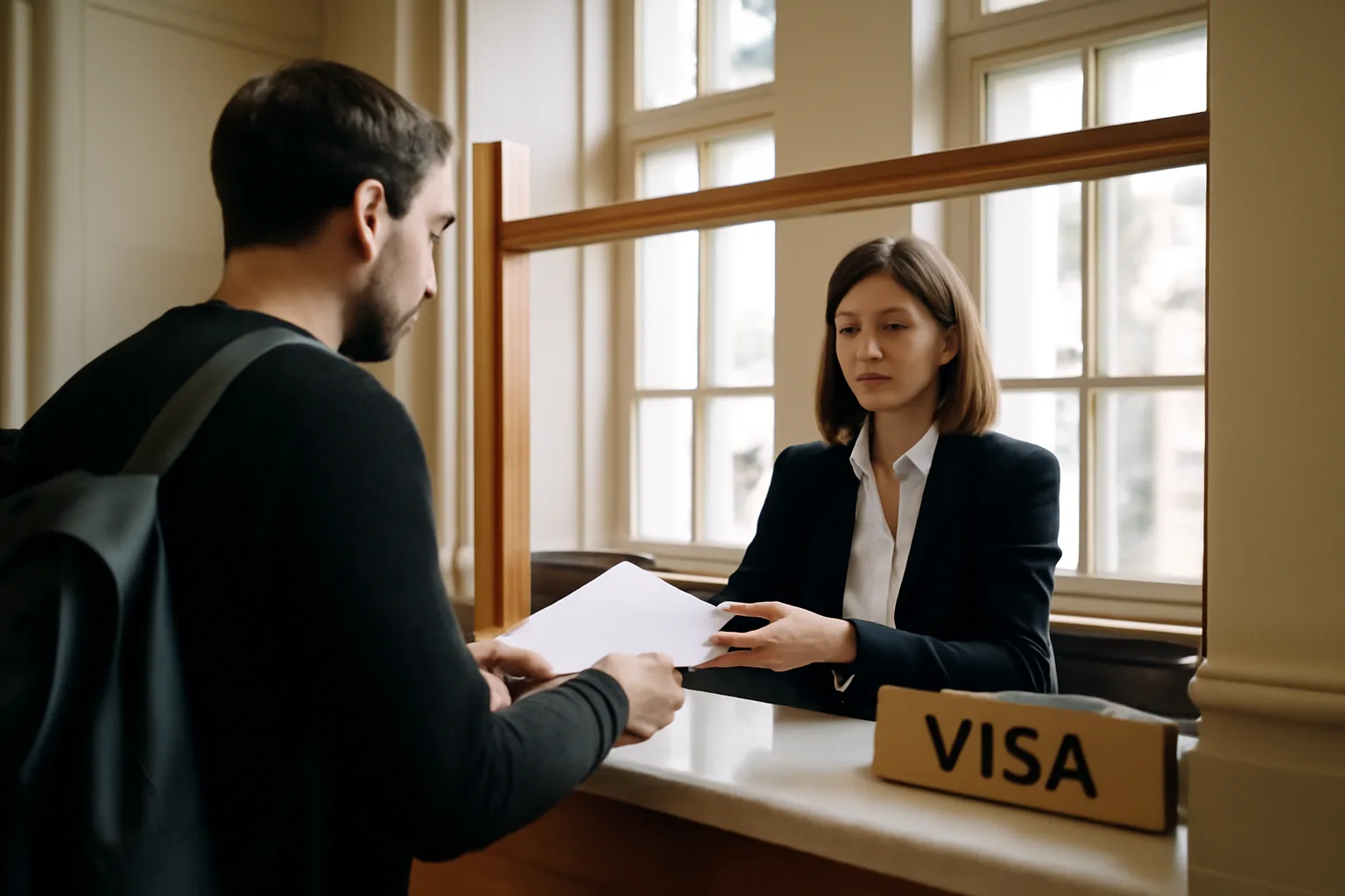 Traveller applying for a stay extension at a European immigration office counter