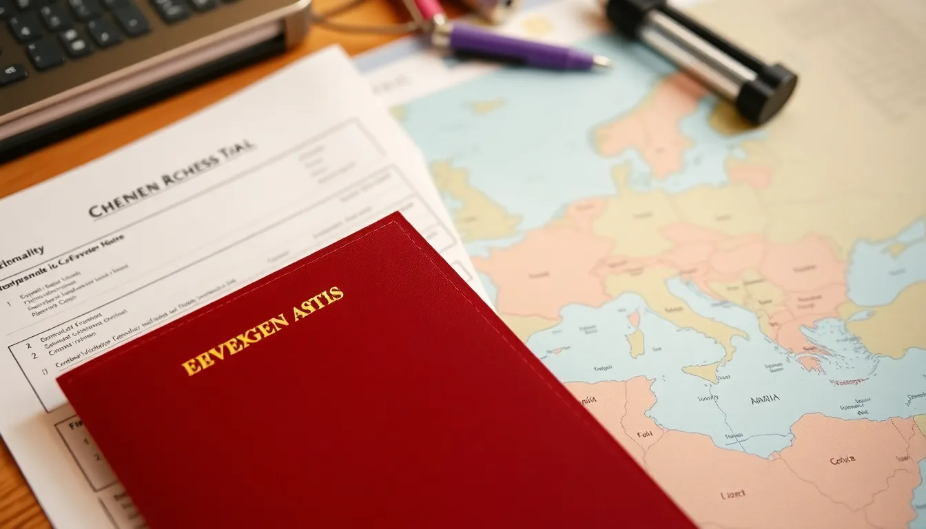 Travel documents and a Schengen area map laid out while planning a longer stay