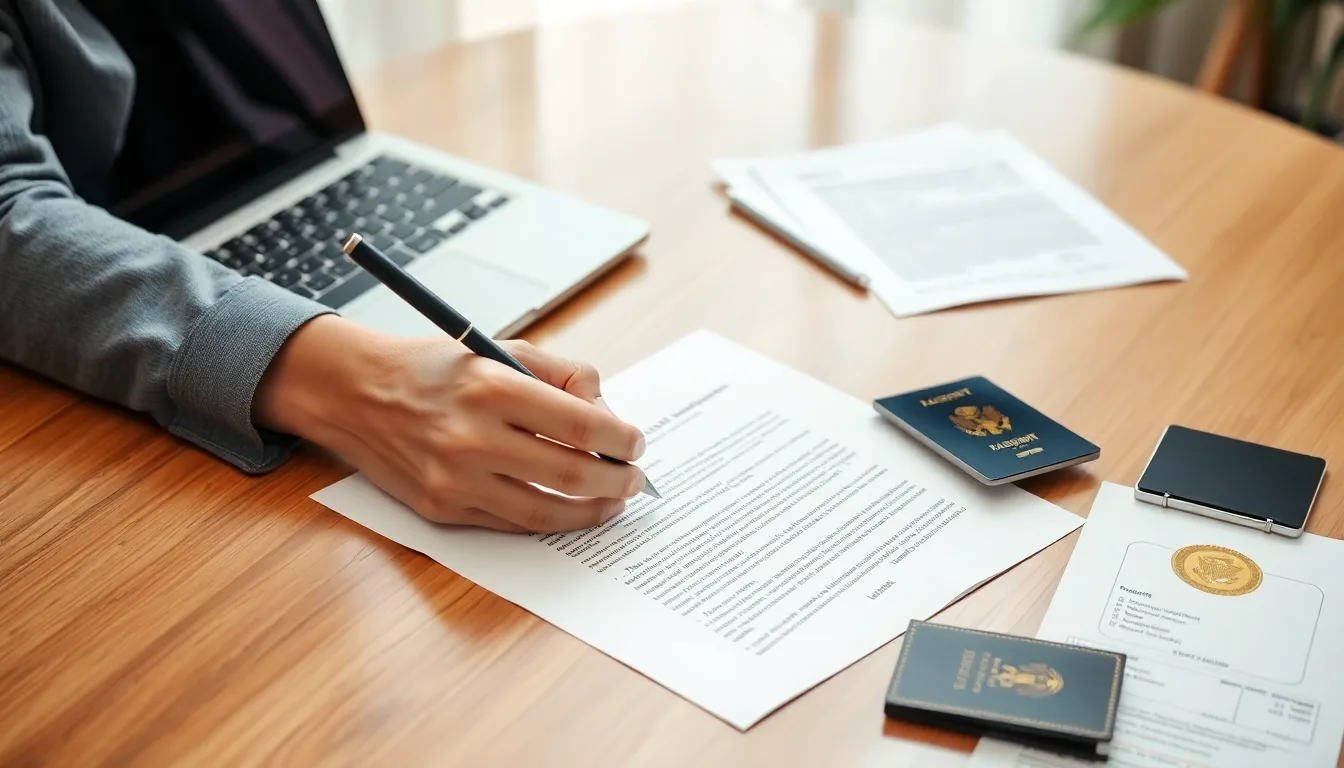 Person writing a UK visa invitation letter at a desk with a laptop and documents
