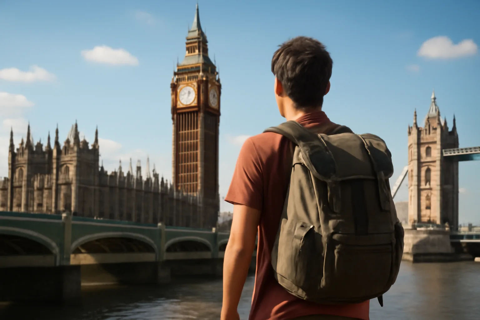 A young Indian traveller with a backpack looking at UK city landmarks
