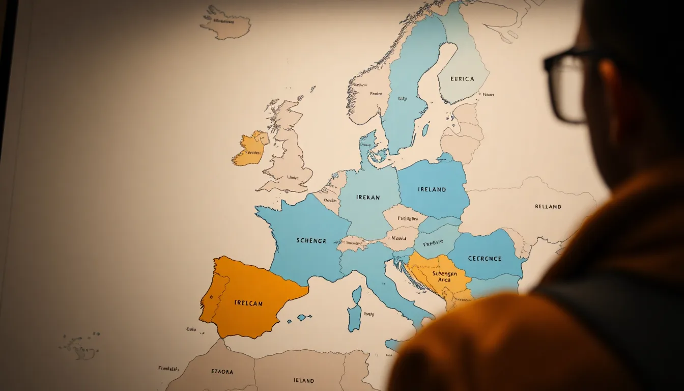 Traveller checking a map comparing Ireland, the UK, and the Schengen area borders