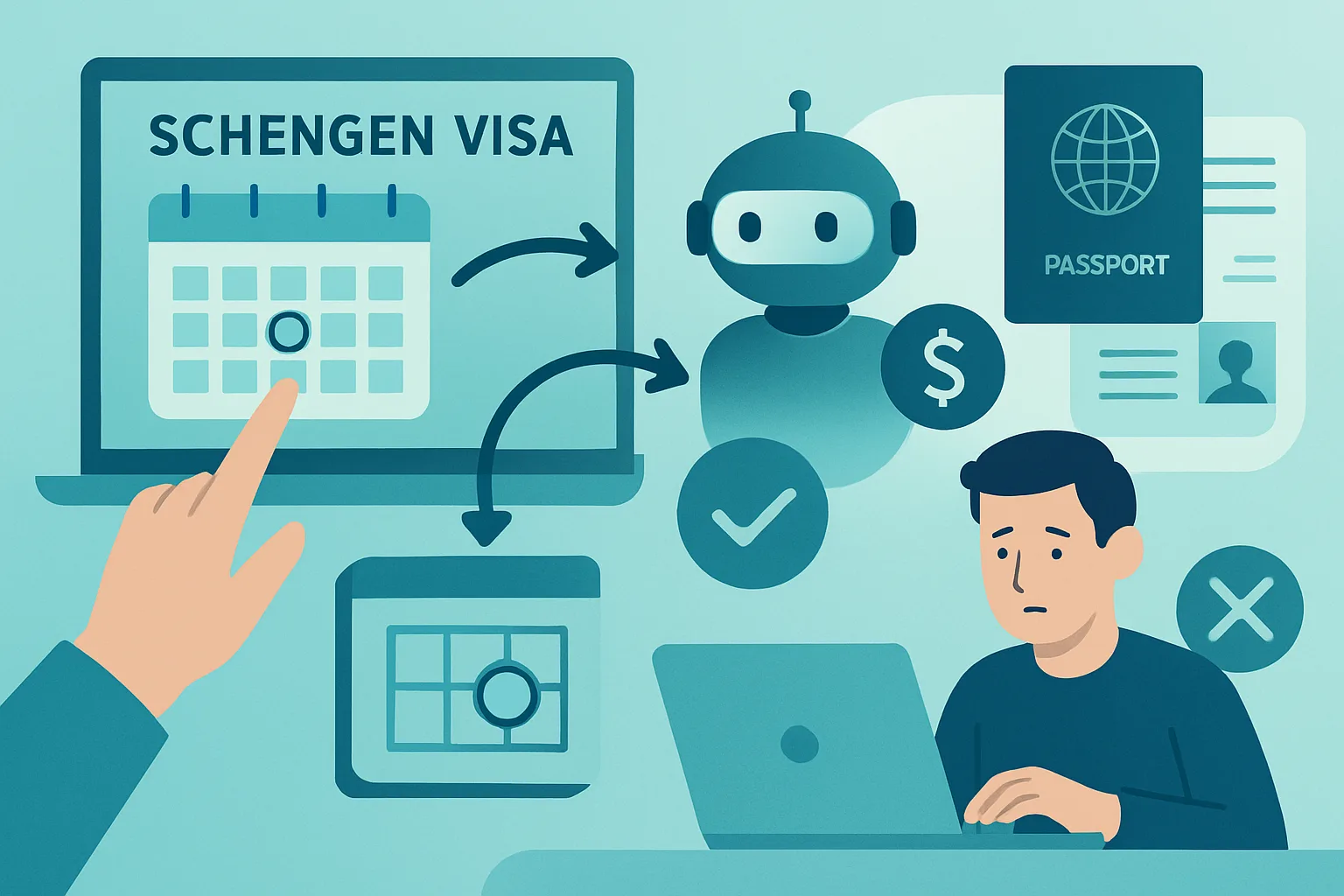Illustration about schengen visa appointment bots: how scalping scams work and how to avoid them