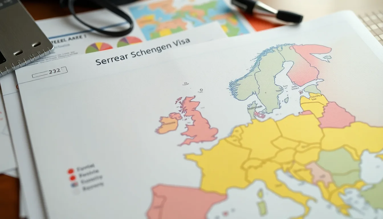 Traveller reviewing Schengen visa application terms and documents at a desk