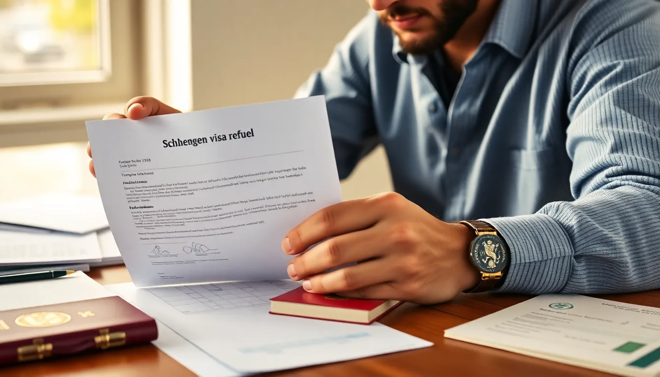 Traveller reviewing a Schengen visa refusal letter alongside passport and bank documents
