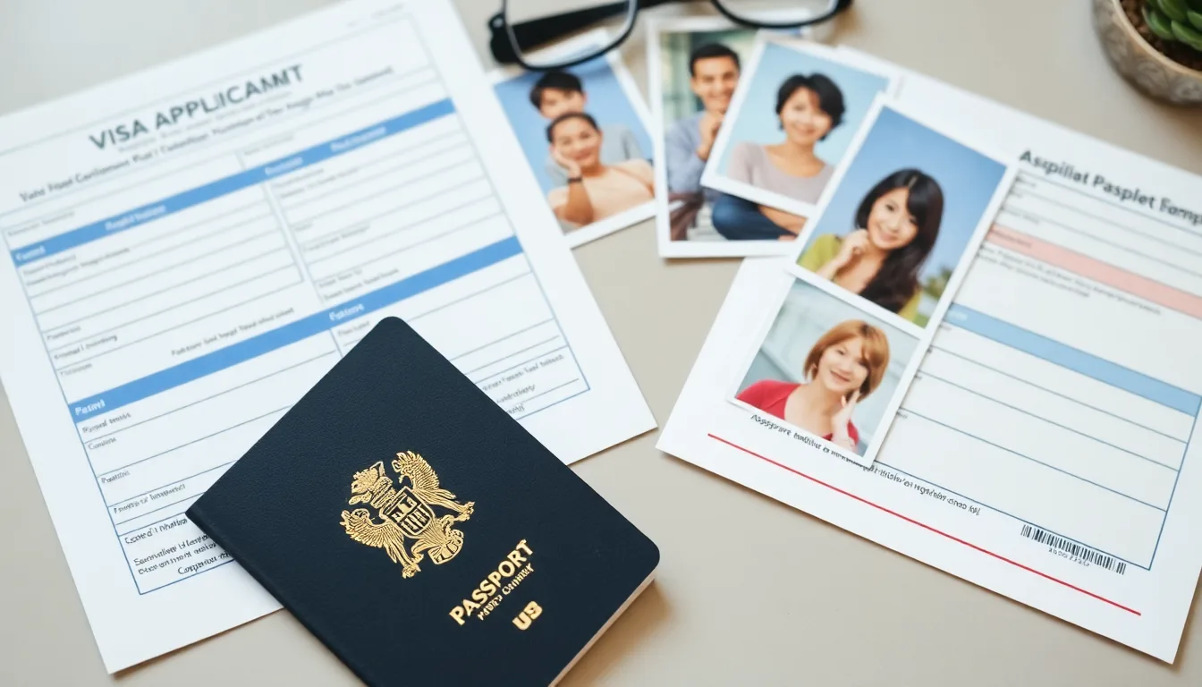 Passport, application form, and photos arranged for a Schengen visa application
