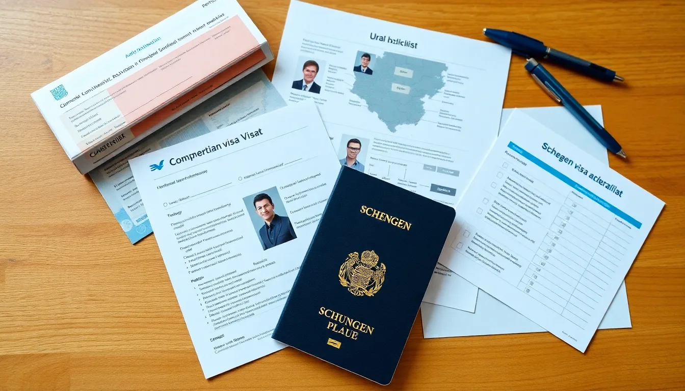 Schengen visa application documents including passport, photos, and bank statements laid out on a desk