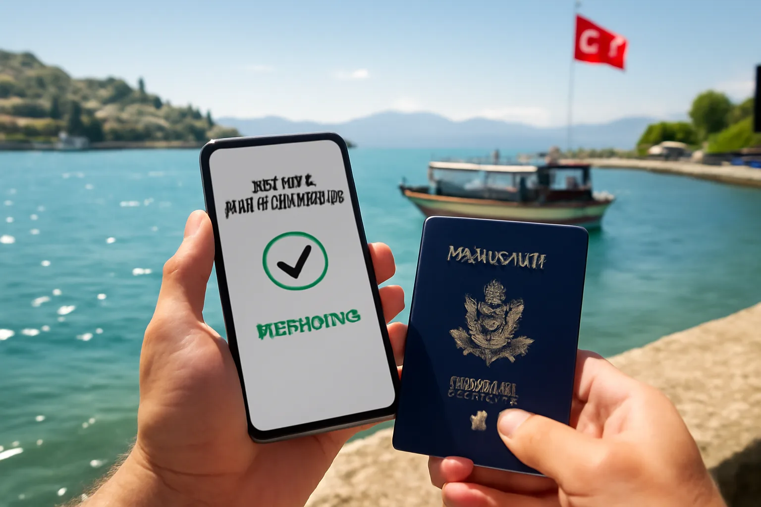 A UK traveller checking Turkish e-Visa approval on a phone with a passport nearby