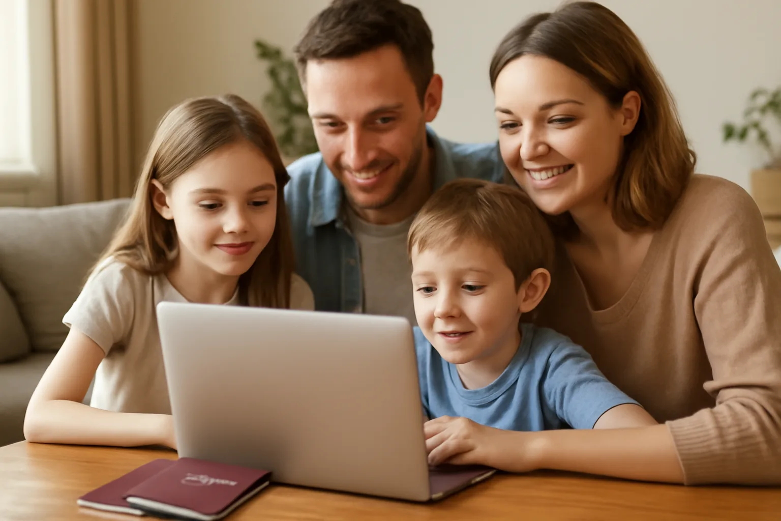 Family reviewing UK ETA applications together on a laptop with passports