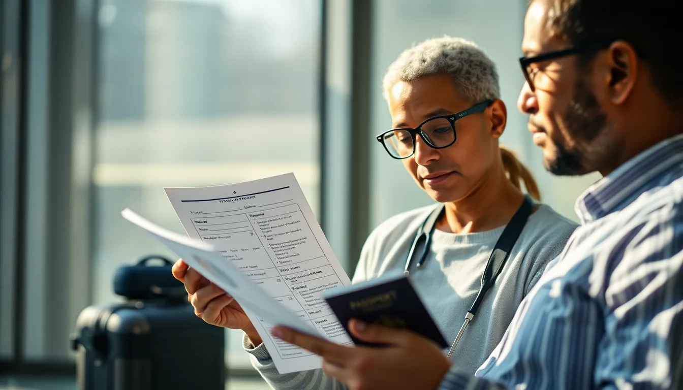 International patient reviewing UK medical treatment documents and passport before travelling