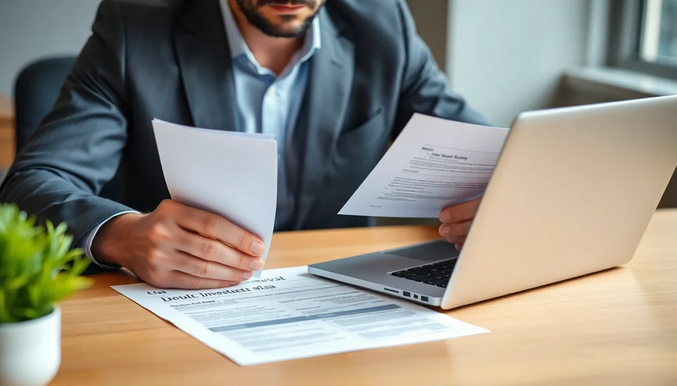 A businessperson reviewing UK visa documents and investment paperwork at a desk
