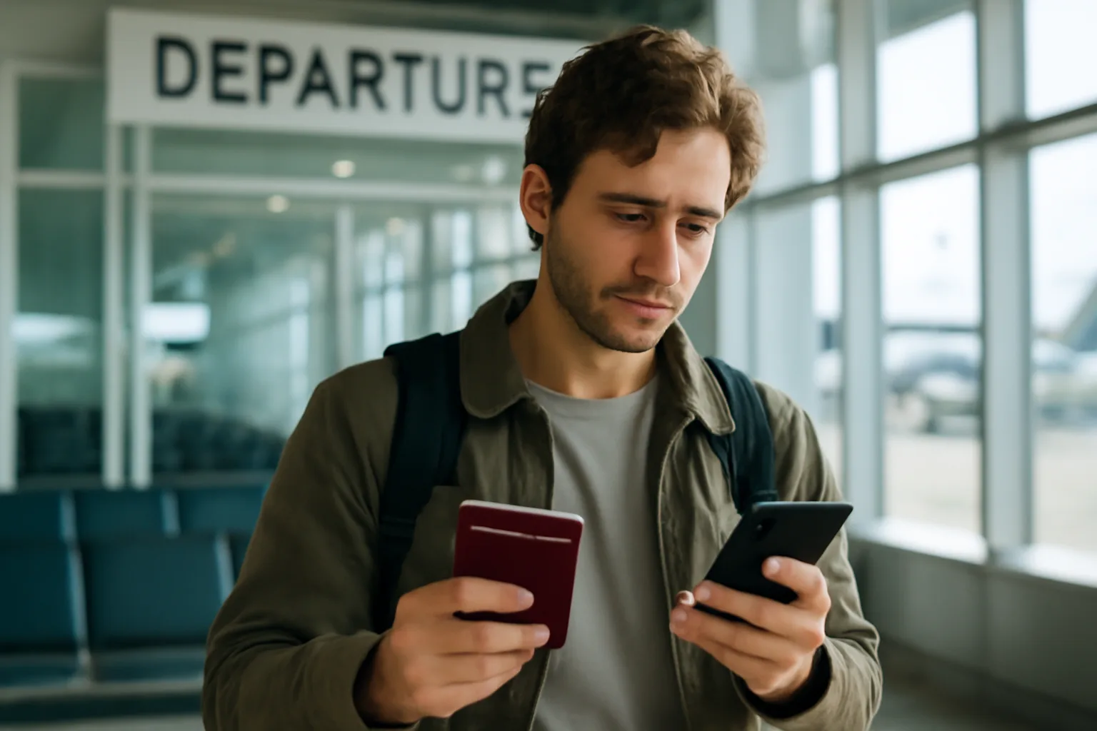 A traveller confirming Schengen entry requirements before departure