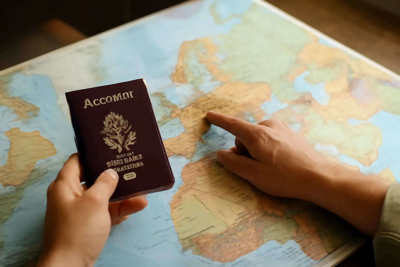 A traveller checking a world map and passport to plan a European trip
